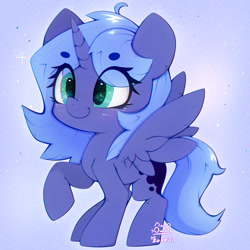 Size: 3000x3000 | Tagged: safe, artist:zokkili, imported from derpibooru, princess luna, alicorn, pony, beanbrows, eye clipping through hair, eyebrows, eyebrows visible through hair, female, filly, filly luna, high res, horn, raised hoof, smiling, solo, spread wings, wings, woona, younger