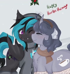 Size: 1939x2048 | Tagged: safe, imported from derpibooru, oc, oc only, oc:record stereo, oc:somnia, bat pony, unicorn, bat pony oc, bat wings, beanie, clothes, hat, headband, hearth's warming, holly, holly mistaken for mistletoe, horn, oc x oc, scarf, shipping, shirt, socks, unicorn oc, wings