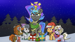 Size: 1920x1080 | Tagged: safe, artist:la hum, imported from derpibooru, button mash, dinky hooves, rumble, scootaloo, oc, oc:lovely tune, earth pony, pegasus, pony, unicorn, being a christmas tree, blank flank, christmas, christmas lights, clothes, colt, foal, hat, height difference, heterochromia, holiday, horn, male, santa hat, size difference, snow, unicorn oc