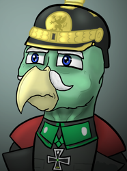 Size: 624x840 | Tagged: safe, artist:notoriousnostalgia, imported from derpibooru, oc, oc only, oc:karl mistfeather, griffon, equestria at war mod, beak, blue eyes, bust, clothes, digital art, facial hair, field marshal, german, griffon oc, iron cross, male, military, military uniform, moustache, new characters for equestria at war, new characters for equestria at war mod, old man, older, portrait, serious, serious face, simple background, solo, stalhelm, uniform