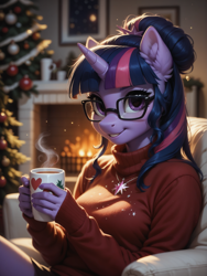 Size: 1320x1760 | Tagged: safe, imported from twibooru, twilight sparkle, anthro, unicorn, ai content, ai generated, christmas, christmas decoration, christmas sweater, christmas tree, clothes, cute, decoration, ear fluff, female, fireplace, glasses, heartwarming, holiday, horn, image, looking at you, png, prompter:wolferin, smiling, smiling at you, sweater, tree, turtleneck, turtleneck sweater, twiabetes