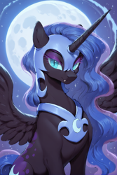 Size: 1200x1800 | Tagged: safe, imported from twibooru, nightmare moon, alicorn, ai content, ai generated, bust, female, image, looking at you, moon, png, portrait, prompter:greesys, solo, solo female, spread wings, wings