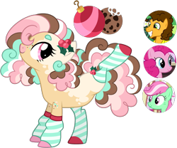 Size: 2737x2273 | Tagged: safe, artist:strawberry-spritz, imported from derpibooru, cheese sandwich, pinkie pie, oc, earth pony, pony, adoptable, base used, berries in hair, clothes, coat markings, colored ears, colored eyebrows, colored hooves, cream coat, curly mane, curly tail, earth pony oc, eyelashes, facial markings, female, female oc, freckles, fusion, fusion:cheese sandwich, fusion:minty (g4), fusion:pinkie pie, high res, holly, hooves, kicking, leg reckles, leg warmers, looking back, mare, mare oc, minty (g4), mismatched hooves, multicolored mane, multicolored tail, pink eyes, profile, simple background, smiling, snip (coat marking), solo, splotches, standing, standing on three hooves, striped leg warmers, tail, transparent background