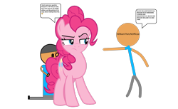 Size: 2586x1585 | Tagged: safe, artist:tawowilliamdefender, artist:williamtheofficial, imported from derpibooru, pinkie pie, oc, oc:william, earth pony, human, pony, angry, defending, dialogue, female, impostor, male, mare, scared, simple background