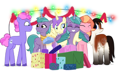 Size: 2824x1671 | Tagged: safe, artist:equestriaexploration, imported from derpibooru, alula, pluto, princess erroria, oc, oc:katabatica lee, alicorn, earth pony, pony, 4chan, g5, hug, periwinkle pi, present, shiny sparks, simple background, strawberry blonde, sugarpuff lilac, transparent background, winghug, wings, yakutian horse