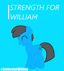 Size: 857x954 | Tagged: safe, artist:tawowilliamdefender, artist:williamtheofficial, imported from derpibooru, oc, oc only, oc:william, earth pony, pony, blue background, eyes closed, justice, male, poster, protest, simple background, solo, stallion, stallion oc