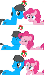 Size: 2827x4804 | Tagged: safe, artist:williamtheofficial, imported from derpibooru, pinkie pie, oc, oc:william, earth pony, pony, blushing, cheek kiss, eyes closed, female, kissing, male, mare, mistleholly, simple background, stallion, stallion oc, white background