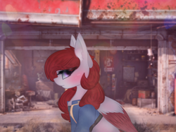 Size: 2664x1997 | Tagged: safe, artist:sodapop sprays, imported from derpibooru, oc, oc only, oc:skyfire lumia, pegasus, pony, fallout equestria, bust, clothes, fallout, female, garage, jumpsuit, looking at you, mare, portrait, solo, vault suit