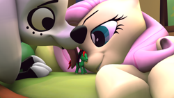 Size: 1920x1080 | Tagged: safe, artist:jeroen01, imported from derpibooru, fluttershy, oc, oc:skyrim, pony, 101 dalmatian street, 101 dalmatians, 3d, dolly dalmatian (101 dalmatian street), female, macro, macro/micro, male, micro, size difference, tiny, tiny ponies