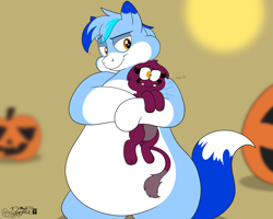 Size: 4000x3200 | Tagged: safe, artist:rupert, imported from derpibooru, sphinx (character), oc, oc:rupert the blue fox, fox, fox pony, hybrid, pony, sphinx, series:12 months of sphinxy, belly, big belly, bipedal, chubby, cute, duo, duo male and female, egyptian, egyptian headdress, exclamation point, eyeshadow, featureless crotch, female, folded wings, frown, heart, hug, huge belly, lidded eyes, makeup, male, mismatched eyes, missing accessory, ocbetes, pale belly, pumpkin, question mark, size difference, size swap, smiling, sphinxdorable, squeeze, squishy, stallion, tail, teeth, three toned mane, two toned tail, white belly, wings