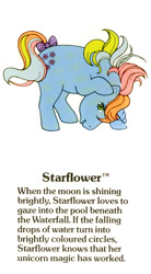 Size: 550x1000 | Tagged: safe, imported from derpibooru, starflower, pony, unicorn, adoraflower, bow, closed mouth, cute, female, g1, g1 backstory, horn, mare, my little pony fact file, official, rainbow ponies, smiling, solo, tail, tail bow, text