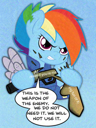 Size: 2030x2696 | Tagged: safe, artist:amynewblue, imported from derpibooru, rainbow dash, pegasus, the cutie re-mark, ai content, angry, anti-ai, bad future, glaze, gun, meme, my little pony, reference, simple background, solo, speech bubble, weapon