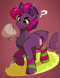 Size: 2320x2992 | Tagged: safe, artist:witchtaunter, imported from derpibooru, pony, unicorn, commission, confused, female, grass, horn, mushroom, simple background