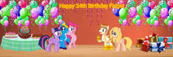 Size: 1500x500 | Tagged: safe, artist:lizzmcclin, imported from derpibooru, pinkie pie, twilight sparkle, oc, oc:allie, oc:fidget, oc:shield wing, alicorn, earth pony, pony, alicorn oc, balloon, bipedal, birthday, birthday cake, birthday gift, cake, cupcake, female, food, hat, horn, male, party hat, twilight sparkle (alicorn), wings