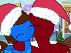 Size: 1024x768 | Tagged: safe, artist:bluemario11, imported from derpibooru, oc, oc only, oc:blue thunder, oc:rogan, pegasus, christmas, eyes closed, hat, holiday, hug, santa hat