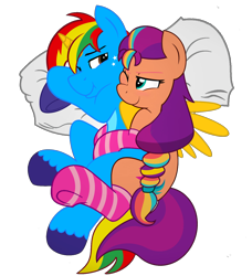 Size: 1280x1405 | Tagged: safe, artist:shieldwingarmorofgod, imported from derpibooru, sunny starscout, oc, oc:shield wing, alicorn, earth pony, clothes, female, g5, g5 to g4, generation leap, male, mane stripe sunny, pillow, simple background, snuggling, socks, transparent background, vector