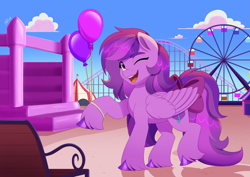 Size: 4961x3508 | Tagged: safe, artist:haruh_ink, imported from derpibooru, oc, oc:emilia starsong, pegasus, blue sky, bouncy castle, bow, cloud, female, ferris wheel, g5, looking at you, one eye closed, roller coaster, solo, solo female, tail, tail bow, wink