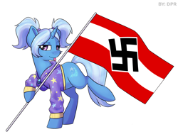 Size: 4096x3218 | Tagged: safe, artist:violyre, edit, editor:dpr, trixie, pony, altbrony, anti lgbt, antisemitism, female, flag, homophobia, image, mare, mlpol, mouthpiece, nazi, nazi flag, racism, simple background, solo, swastika, white background