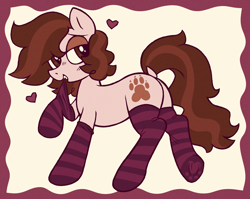 Size: 3877x3089 | Tagged: safe, artist:catponything, imported from derpibooru, oc, oc only, oc:pounce, earth pony, pony, androgynous, bedroom eyes, butt, clothes, dock, earth pony oc, female, lidded eyes, mare, nonbinary, nonbinary oc, paw socks, plot, ponysona, socks, striped socks, tail