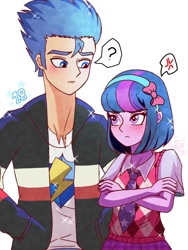 Size: 768x1024 | Tagged: safe, artist:paracetamolnavo30, imported from derpibooru, flash sentry, twilight sparkle, human, equestria girls, alternate hairstyle, blushing, clothes, cross-popping veins, crossed arms, emanata, female, flashlight, headband, height difference, male, necktie, pictogram, question mark, shipping, short hair, simple background, speech bubble, straight, sweater vest, white background