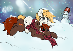 Size: 2360x1640 | Tagged: safe, artist:kristina, imported from derpibooru, oc, earth pony, pegasus, pony, commission, commission open, hug, snow, ych example, ych result, your character here