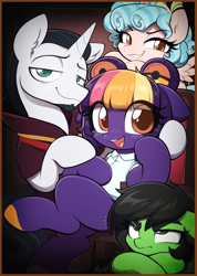 Size: 1700x2381 | Tagged: safe, artist:moozua, imported from derpibooru, chancellor neighsay, cozy glow, oc, oc:fannytastical, oc:filly anon, pony, eye clipping through hair, eyeroll, female, filly, group, looking at you, male, open mouth, open smile, sitting, smiling, stallion