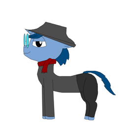 Size: 3000x3000 | Tagged: safe, artist:blazewing, imported from derpibooru, oc, oc only, oc:syntax, unicorn, clothes, drawpile, fedora, glasses, hat, horn, jacket, male, pants, scarf, simple background, smiling, stallion