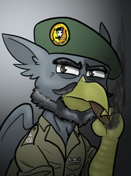 Size: 624x840 | Tagged: safe, artist:notoriousnostalgia, imported from derpibooru, oc, oc only, oc:theodor mistfeather, griffon, equestria at war mod, beak, beard, bust, cigarette, clothes, digital art, facial hair, folded wings, gradient background, griffon oc, hat, looking at camera, looking at you, male, military, military uniform, moustache, new characters for equestria at war, new characters for equestria at war mod, portrait, serious, serious face, shirt, simple background, smoking, solo, uniform, wings