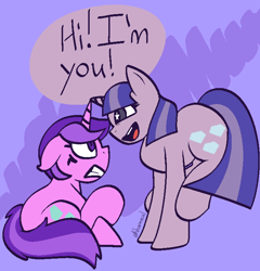 Size: 714x745 | Tagged: safe, artist:kharmacal, imported from derpibooru, amethyst star, sparkler, pony, unicorn, abstract background, caption, horn, horns are touching, image macro, irrational exuberance, personal space invasion, self paradox, self ponidox, smiling, speech bubble, standing on two hooves, text, wingding eyes