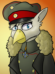 Size: 624x840 | Tagged: safe, artist:notoriousnostalgia, imported from derpibooru, oc, oc only, oc:erika grimplume, griffon, equestria at war mod, beak, bust, clothes, digital art, female, folded wings, gradient background, griffon oc, hat, iron cross, looking at camera, looking at you, medal, military, military uniform, new characters for equestria at war, new characters for equestria at war mod, peaked cap, portrait, simple background, smiling, smiling at you, solo, uniform, wings