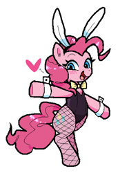 Size: 724x1060 | Tagged: safe, artist:deerie, imported from derpibooru, pinkie pie, earth pony, pony, bunny ears, bunny suit, clothes, female, fishnet clothing, fishnets, mare, ms paint, simple background, smiling, socks, solo, standing on two hooves, stockings, thigh highs