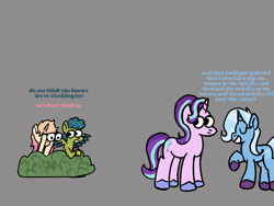 Size: 2000x1500 | Tagged: safe, artist:zoeyhorse, imported from derpibooru, starlight glimmer, trixie, oc, oc:wasperry wipple, pegasus, pony, unicorn, binoculars, blatant lies, bush, colored hooves, female, gray background, hooves, horn, implied twilight sparkle, looking back, mare, ponysona, simple background, spread wings, spying, unshorn fetlocks, wings