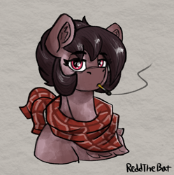 Size: 732x736 | Tagged: safe, artist:reddthebat, imported from derpibooru, oc, oc only, oc:number nine, earth pony, pony, bandana, bust, chest fluff, cigarette, ear fluff, eyebrows, eyebrows visible through hair, female, lidded eyes, looking at you, mare, signature, smoking, solo