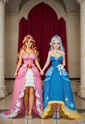 Size: 832x1216 | Tagged: safe, imported from twibooru, sunset shimmer, trixie, human, equestria girls, ai generated, artificial intelligence, clothes, dress, female, humanized, image, jewelry, lesbian, needs more jpeg, princess dress, prompter:tiamatnightmare, realistic, shipping, suntrix, tiara