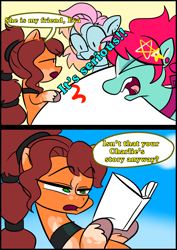 Size: 1240x1754 | Tagged: safe, artist:jully-park, imported from derpibooru, oc, oc:charlotte parker, oc:eva marshall, oc:kelly clark, earth pony, pony, comic:how i meet my chaotic friends, book, comic