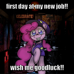 Size: 2048x2048 | Tagged: safe, artist:crasysam0, imported from derpibooru, pinkie pie, earth pony, pony, cap, clothes, female, five nights at freddy's, grin, hat, looking at you, mare, meme reference, raised hoof, smiling, solo, uniform, uniform hat