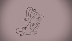 Size: 1920x1080 | Tagged: safe, artist:makaryo, imported from derpibooru, earth pony, pony, female, g5, hoof hold, looking down, mare, monochrome, music box, music notes, posey bloom, sitting, solo