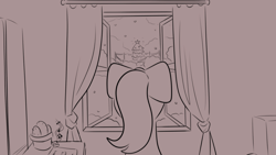 Size: 1920x1080 | Tagged: safe, artist:makaryo, imported from derpibooru, earth pony, pony, facing away, female, g5, indoors, looking out the window, mare, monochrome, posey bloom, solo, window