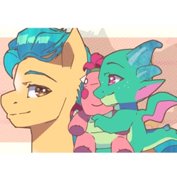 Size: 1400x1400 | Tagged: safe, artist:frank3dz, imported from derpibooru, hitch trailblazer, dragon, earth pony, pony, baby, baby dragon, duo, duo male, g5, letterboxing, male, plushie, riding, sparky riding hitch trailblazer, sparky sparkeroni, stallion