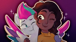 Size: 1200x675 | Tagged: safe, artist:makaryo, imported from derpibooru, zipp storm, human, pegasus, pony, bust, cheek squish, cheek to cheek, duo, duo female, female, g5, gradient background, looking at each other, looking at someone, maitreyi ramakrishnan, mare, outline, smiling, smiling at each other, sparkles, squishy cheeks, voice actors, white outline