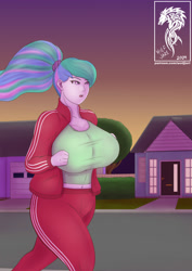 Size: 1414x2000 | Tagged: safe, artist:wolfjarl, imported from derpibooru, princess celestia, human, equestria girls, big breasts, breasts, busty princess celestia, earbuds, evening, female, huge breasts, principal celestia, solo, sunset, tracksuit, workout, workout outfit