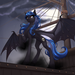 Size: 2832x2832 | Tagged: safe, artist:sierraex, imported from derpibooru, oc, oc only, bat pony, pony, bat pony oc, bat wings, female, ship, solo, torn wings, wings