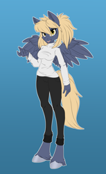 Size: 2995x4900 | Tagged: safe, artist:shusha, imported from derpibooru, oc, oc only, oc:pixi feather, anthro, pegasus, unguligrade anthro, clothes, hooves, looking at you, pegasus oc, simple background, smiling, wings, yellow eyes