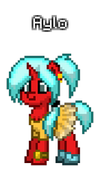 Size: 180x308 | Tagged: safe, artist:princess ice color twinkle, imported from derpibooru, oc, oc:aylo, pony, unicorn, pony town, blue mane, blue tail, clothes, ear accessory, eyelashes, female, foot accessory, horn, mare, red skin, shoes, simple background, smiling, tail