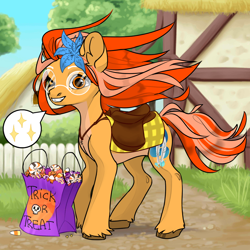 Size: 1024x1024 | Tagged: safe, imported from derpibooru, oc, earth pony, amber skin, avatar maker fantasy pony, bag of candy, blue flower, chat bubble, cutie mark, female, glasses, mare, oc name needed, one eye closed, orange mane, orange tail, tail, village background, wink