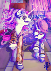 Size: 2888x4013 | Tagged: safe, artist:overlord pony, imported from derpibooru, coco pommel, crimson cream, fashion statement, fleur-de-lis, jet set, mare e. belle, rarity, pony, cutie mark, glasses, hat, manehattan, smiling, street, taxi, walking