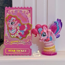 Size: 2254x2254 | Tagged: safe, imported from derpibooru, pinkie pie, earth pony, pony, cake, card, clothes, double dove, dress, figure, flower, food, grand galloping gala, hat, irl, jumping, kayou, looking at you, merchandise, official, open mouth, open smile, outfit, photo, raised hoof, side view, smiling, text, toy