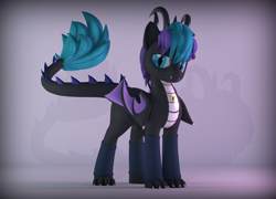 Size: 3000x2160 | Tagged: safe, artist:lithus, imported from derpibooru, oc, oc only, oc:drago, dragon, 3d, bat eyes, bat wings, bedroom eyes, blender, blender cycles, claws, clothes, fangs, full body, horns, jewelry, long tail, looking at you, open pony, paws, simple background, smiling, smiling at you, socks, solo, spikes, stance, tail, wings