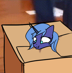 Size: 414x420 | Tagged: safe, artist:pursoul, imported from derpibooru, princess luna, alicorn, pony, box, horn, meme, pony in a box, stuck