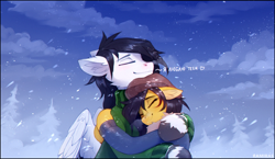 Size: 2456x1425 | Tagged: safe, artist:ramiras, imported from derpibooru, oc, oc only, pegasus, pony, cyrillic, duo, duo male and female, female, hug, i love you, male, mare, oc x oc, pegasus oc, russian, shipping, snow, stallion, straight, tree, wings